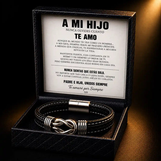 Pulsera de cuero símbolo ∞ para hijo | Nota Dedicatoria