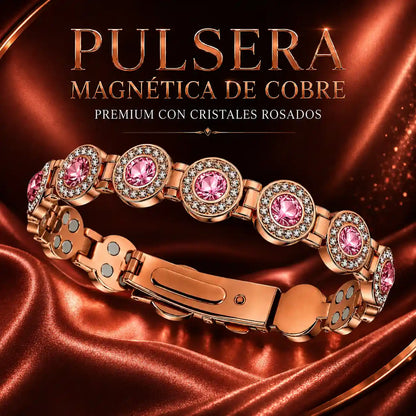 Pulsera magnética de Cobre para Mujer Regulable | Diseño Cristales Rosados, x2 anillos magnéticos regulables