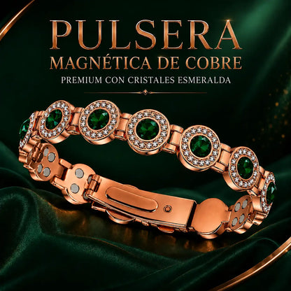 Pulsera magnética de Cobre para Mujer Regulable | Diseño Cristales de Esmeralda, x2 anillos magnéticos regulables