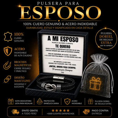 Pulsera de Cuero Genuino y Acero Inoxidable con dedicatoria para esposo