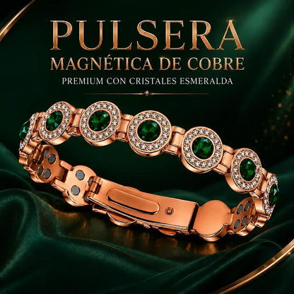Pulsera magnética de Cobre para Mujer Regulable | Diseño Cristales de Esmeralda, x2 anillos magnéticos regulables